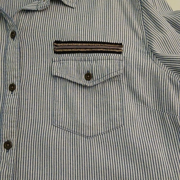 TRIBAL JEANS STREETWEAR RAW HEM MILITARY SOFT WORN DENIM CHAMBRAY STRIPE SHIRT - Picture 6 of 13